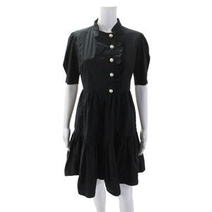 Batsheva Womens Faux Pearl Button Ruffled Trim Tiered Dress Black Size 0
